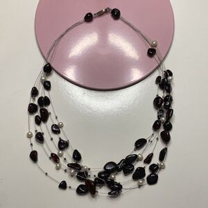 💛 Classic Sterling Silver Multi Strand Garnet & Pearl Illusion Necklace
